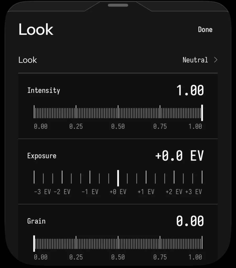 Seenlight Look panel with Neutral selected and rulers for intensity, exposure and grain